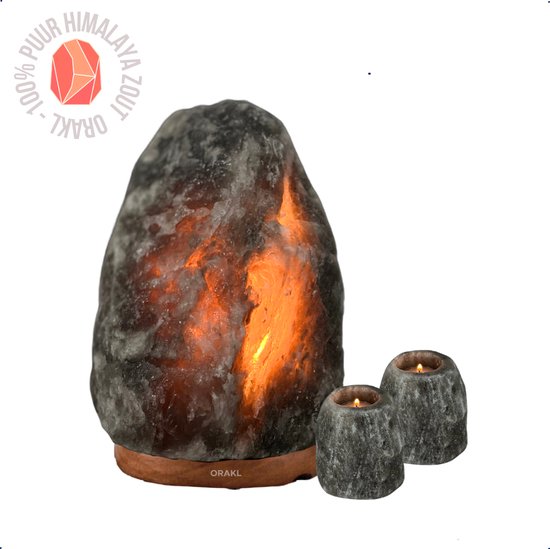 Orakl® - Dimbare Himalaya Zoutlamp Meteor – Exclusive Combinatieset – Met Dimmer - 100% Himalayazout - Zoutlamp Himalayazout – Zoutlamp Grijs - Zoutlampen - Zoutsteen – Incl. 2 Waxinelichthouders