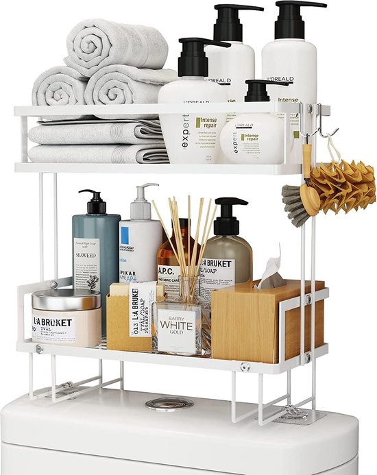 2-laags badkamer boven het toilet opbergrek badkamerorganizer met 2 ophanghaken zelfklevende basis gratis perforatie badkamerplank wit