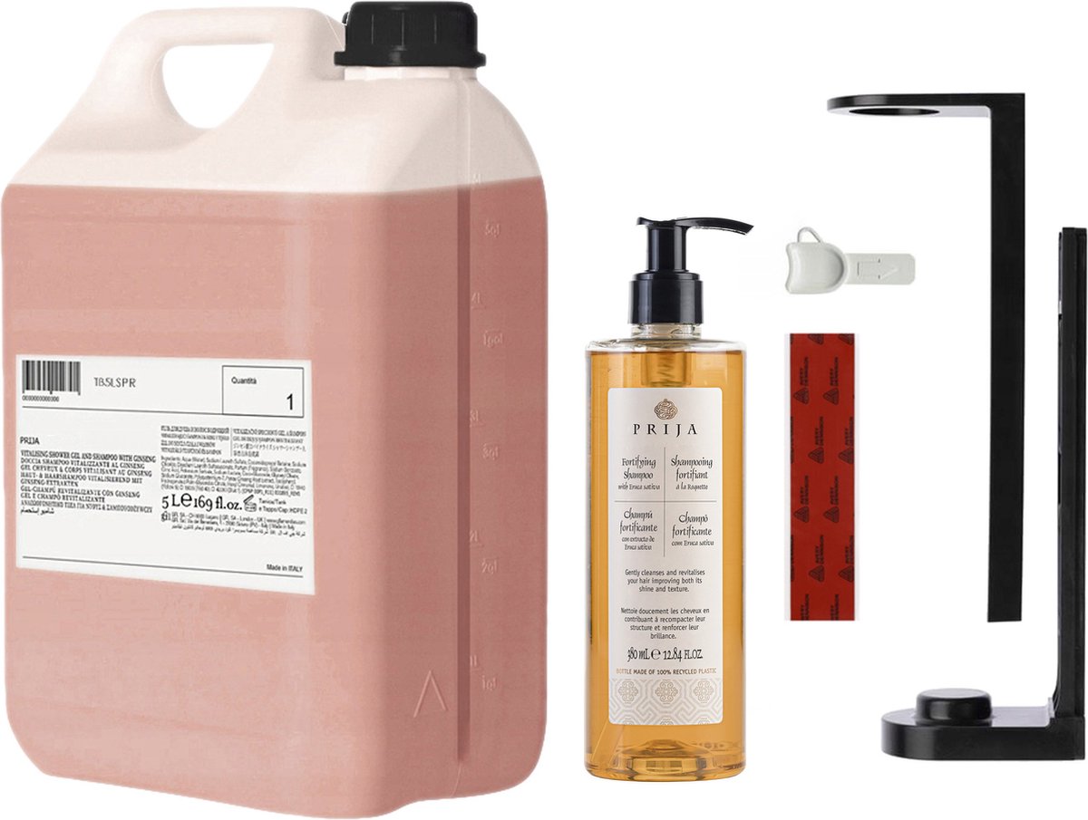 PRIJA Badkamerset: Zwarte Flessenhouder, Rucola Shampoo 380ml + 5l Navulling