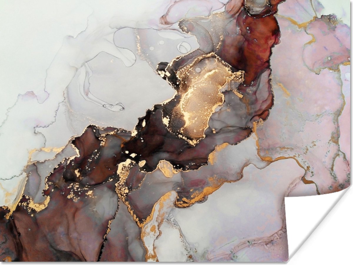 Poster Rood - Marmer - Goud - 80x60 cm
