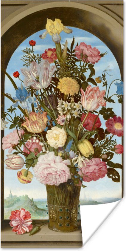 Poster Vaas met bloemen in een venster - Schilderij van Ambrosius Bosschaert de Oude - 20x40 cm