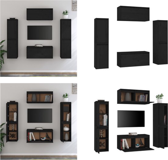 vidaXL Tv-meubelen 6 st massief grenenhout zwart - Tv-kast - Tv-kasten - Tv-meubel - Hifi-meubel