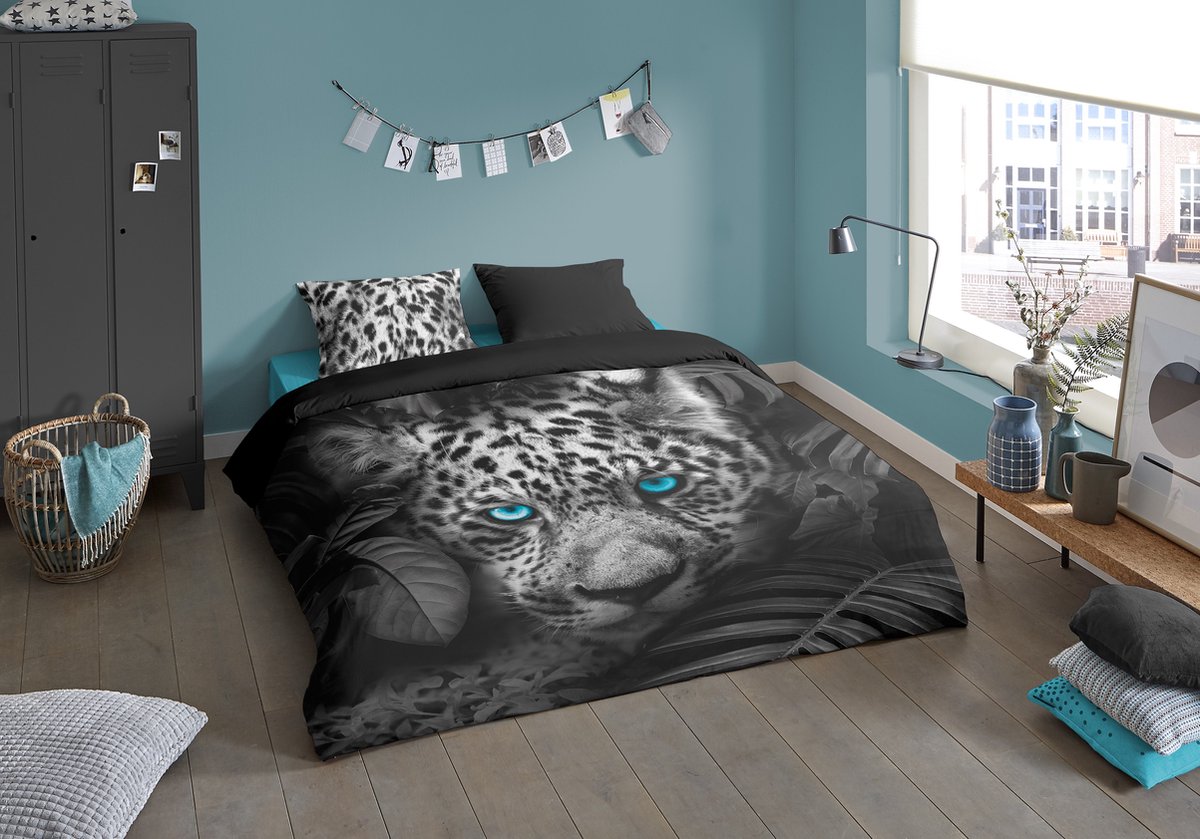 Pure dekbedovertrek luipaard met blauwe ogen - Lits jumeaux 240x200/220 cm - Antraciet - Microvezel