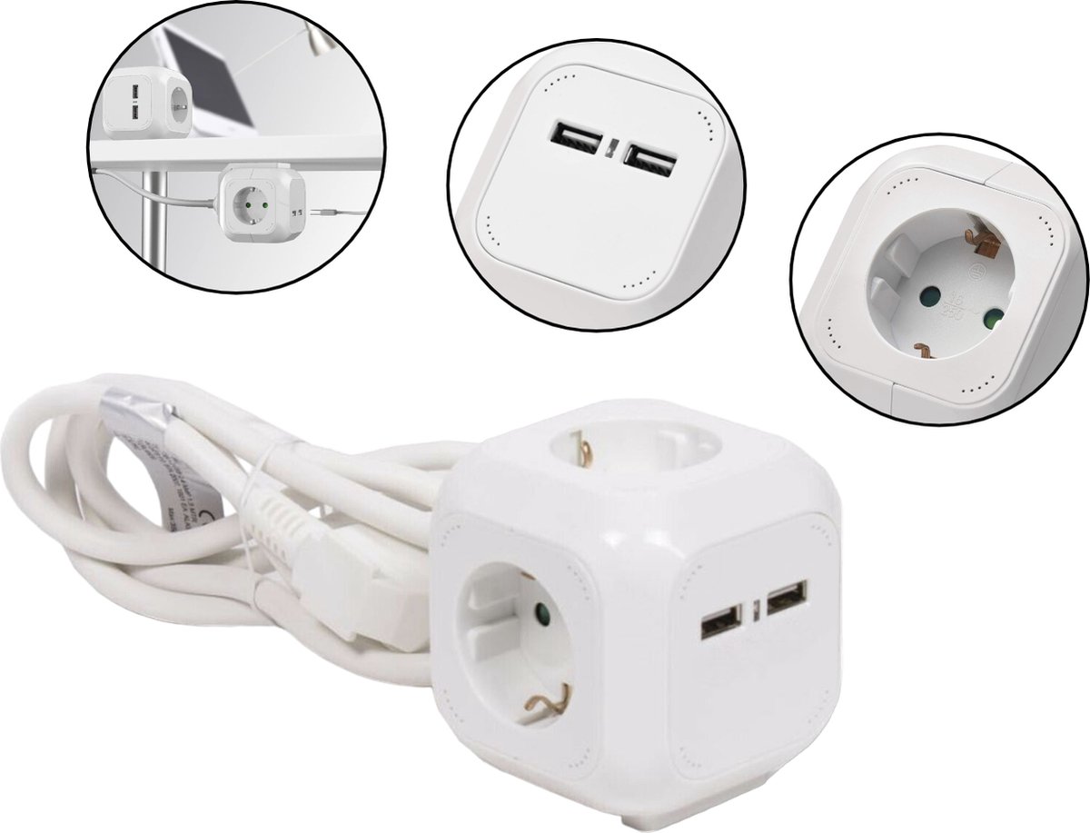 PD® - Stekkerdoos 3-voudig + RA + 2 USB - 2.4A - 1.5m Snoer - Blok: Efficiëntie en Gemak in Één!