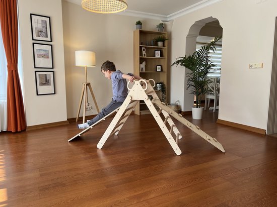 Foto: Houten klimrek met glijbaan voor peuter pikler driehoek speeltoestel klimdriehoek kinderen inklapbaar met glijbaan klimhelling regenboog klimbord montessori klimboog pikler schommel balanceerbord montessori houten speelgoed