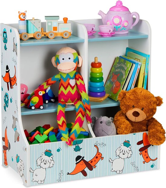 armoire à jouets, 6 compartiments, MDF, HxLxP : 60x59x30 cm, bibliothèque enfant imprimé chien, armoire de rangement enfant, colorée