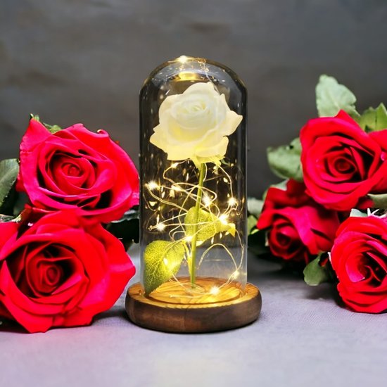 AliRose - Luxe Roos in Stolp - WIT met Groen - Houten Basis - LED Roos - Valentijn - Romantiek - Liefde - Amor - Laat Je Liefde Stralen!