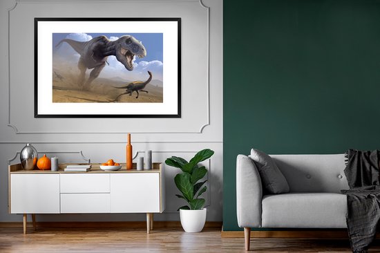 Photo encadrée - Une illustration d'un cadre photo dinosaure de chasse noir avec passe-partout blanc xxl 120x80 cm - Affiche encadrée (Décoration murale salon / chambre)