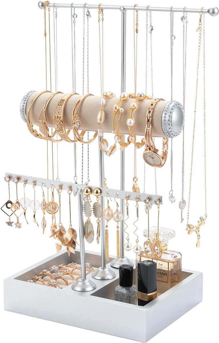 T-vormige sieradenstandaard, sieradenhouder, kettinghouder, 3 staven, sieradenboom, kettingstandaard, horlogestandaard, oorbelhouder, sieradenopslag voor ringen, oorbellen, armbanden, horloges en accessoires, zilver