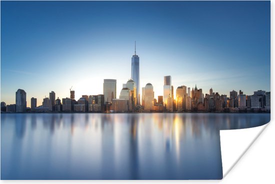 Skyline NYC vanaf het water Poster 120x80 cm - Foto print op Poster (wanddecoratie woonkamer / slaapkamer) / Amerikaanse steden Poster