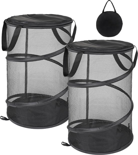 Lot 2 Paniers à Linge Pliables Pop-Up Noirs – Maille Respirante + Poches Latérales – Chambre Dortoir 50x50x38 Cm