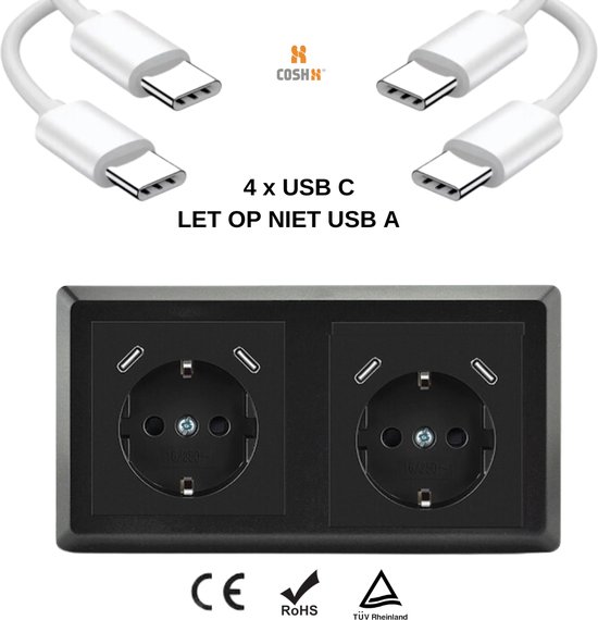 USB-Stopcontact, Kaifire Schuko Dubbele Stopcontact met USB C Inbouw Wandcontactdoos met Frame Inbouwstopcontact Geschikt voor Smartphone Tablet MP3