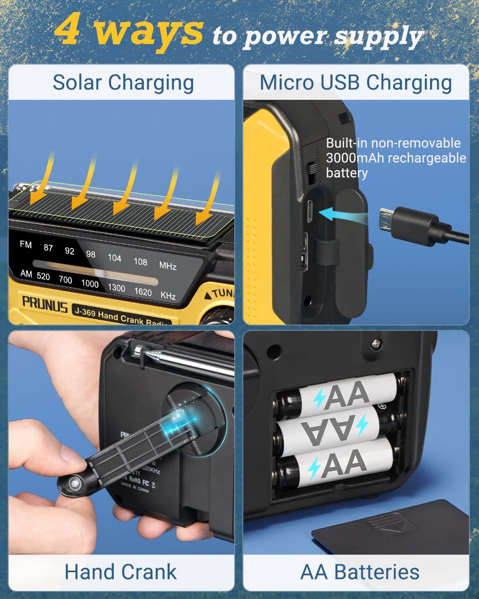 PRUNUS J-369 Solar Radio, FM/AM Zwengelradio, Draagbare Oplaadbare