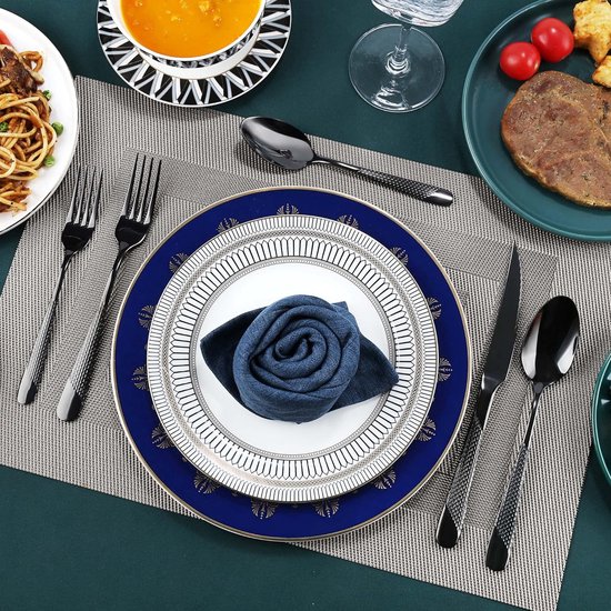 Black Premium bestekset voor 6 personen, 30-delige unieke gehamerd roestvrij stalen bestekset met steakmes, tafelvorken, slavorken, eetlepels, dessertlepel, vaatwasmachinebestendig van Black Satin. — afbeelding 2