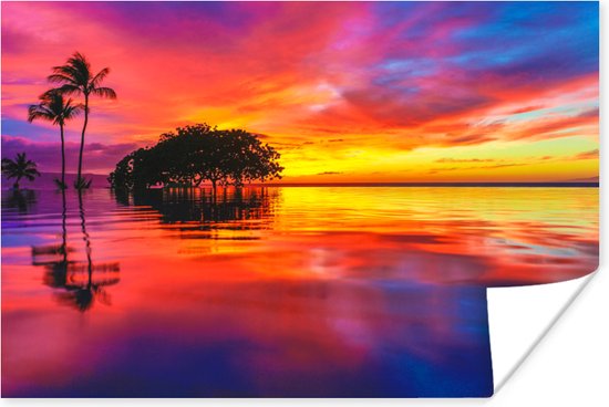 Kleurrijke wolken door de zonsondergang langs het strand poster 60x40 cm - Foto print op Poster (wanddecoratie woonkamer / slaapkamer) / Zeeën en meren Poster / Zee en Strand