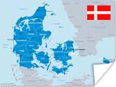 Poster Illustratie van een blauwe kaart van Denemarken met een vlag - 80x60 cm
