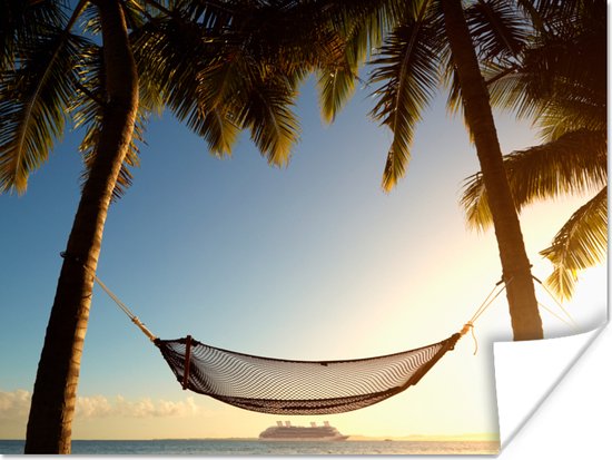 Hangmat die tussen palmbomen hangt Poster 40x30 cm - klein - Foto print op Poster (wanddecoratie woonkamer / slaapkamer) / Zee en Strand