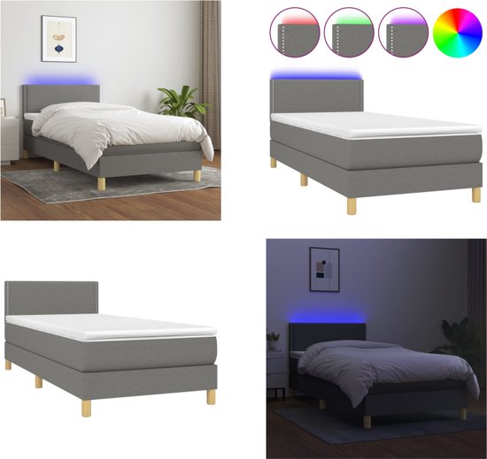 vidaXL Boxspring met matras en LED stof donkergrijs 100x200 cm - Boxspring - Boxsprings - Bed - Slaapmeubel