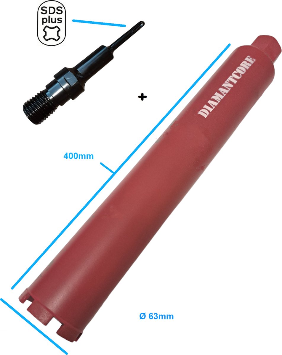 SDS-Plus Adapter + Kernboor diamantboor betonboor 63 x 400 gatenboor diamantboorkroon diamant boor kernboormachine airco boorkroon aansluiting boormachine 1-1/4'' UNC schroefdraad