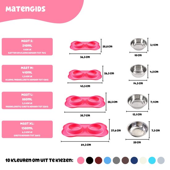 Maattabel van roze dubbele voerbakken met botvormig design, van maat S tot XL, met afmetingen en capaciteit in ml en kopjes.