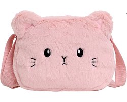 foto van Fluffy Schoudertas - Poes Roze | 20 x 15 x 6 cm | Kindertasje | Polyester / Acryl | Fashion Favorite