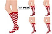 5x Paar lange sokken rood/wit geblokt maat.41-46 - Carnaval thema feest party fun optocht festival