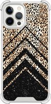 Casimoda® hoesje - Geschikt voor iPhone 12 Pro Max - Chevron Luipaard - Shockproof case - Extra sterk - TPU/polycarbonaat - Bruin/beige, Transparant