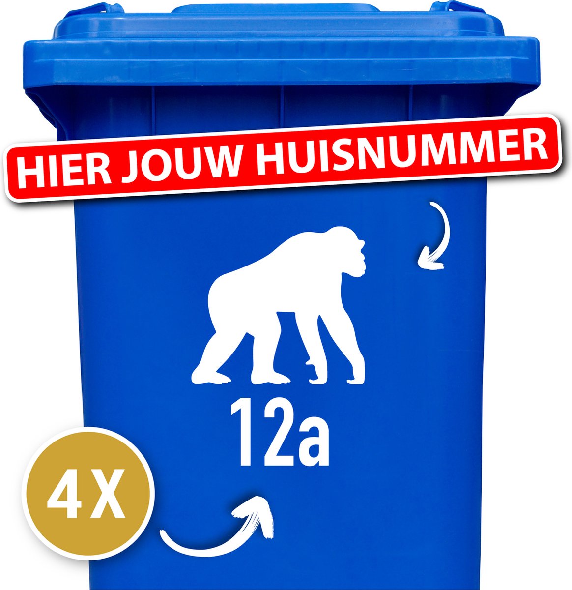 Container Sticker Huisnummer + Chimpansee Aap 4 Stuks - wit - 20 x 20 cm - kliko Sticker Voordeelset - Weerbestendige Stickers - Stickers Buiten - Containersticker Huisnummer - klikostickers - Cijfer Sticker - Kliko Sticker Dieren