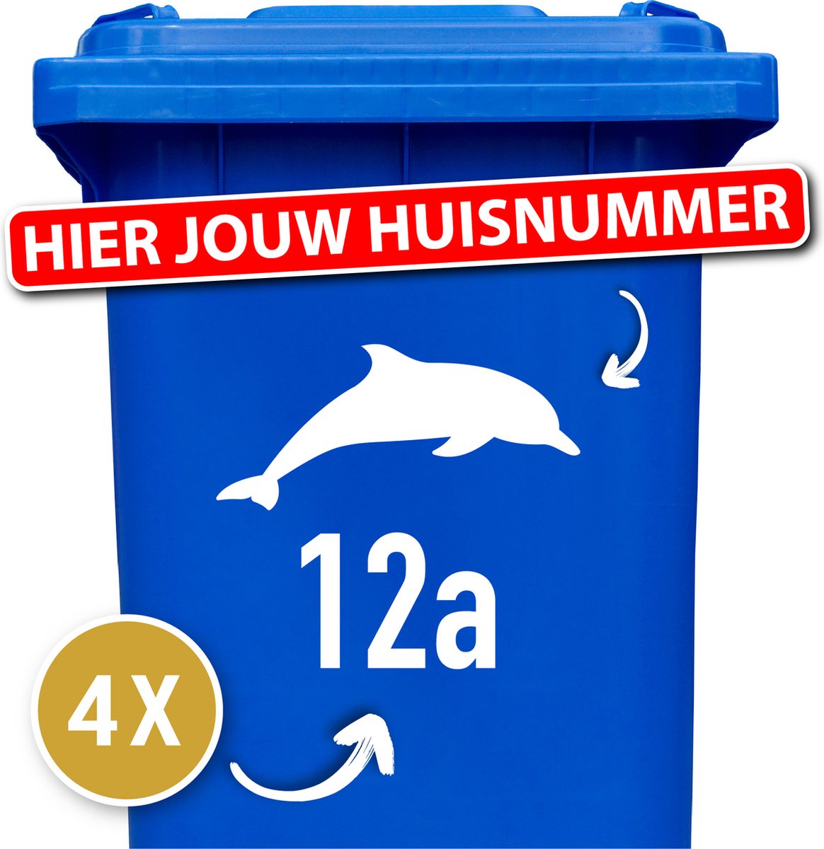 Container Sticker Huisnummer + Dolfijn 4 Stuks - wit - 20 x 20 cm - kliko Sticker Voordeelset - Containerstickers - Weerbestendige Stickers - Stickers Buiten - Klikostickers - Cijfer Sticker - Kliko Sticker Huisnummer - Kliko Sticker Dieren