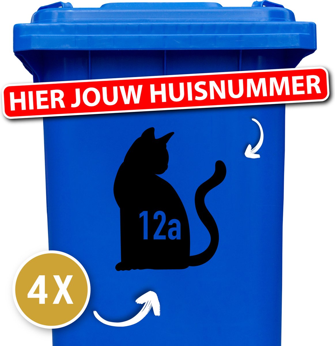 Container Sticker Huisnummer + Kat Zittend 4 Stuks - Zwart - 20 x 20 cm - kliko Sticker Voordeelset - Containerstickers - Weerbestendige Stickers - Containersticker Huisnummer - Cijfer Sticker - Kliko Sticker Huisnummer - Brievenbus Sticker