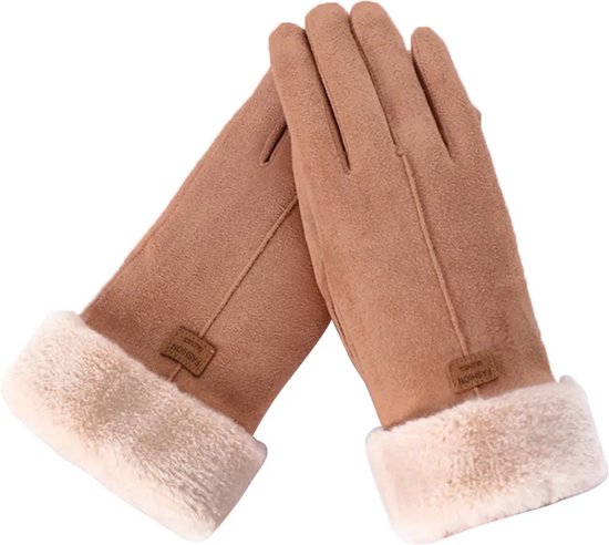 Handschoenen dames - touchscreen tip - imitatie suede - khaki - met imitatiebonte voering - one size