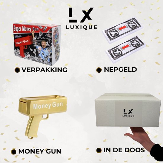 LUXIQUE Money Gun - Geld Pistool - Moneygun - Cash Gun - Geldschieter - Goud Geldpistool - Geld Geweer - Inclusief 100 Briefjes Nep Geld - Luxique