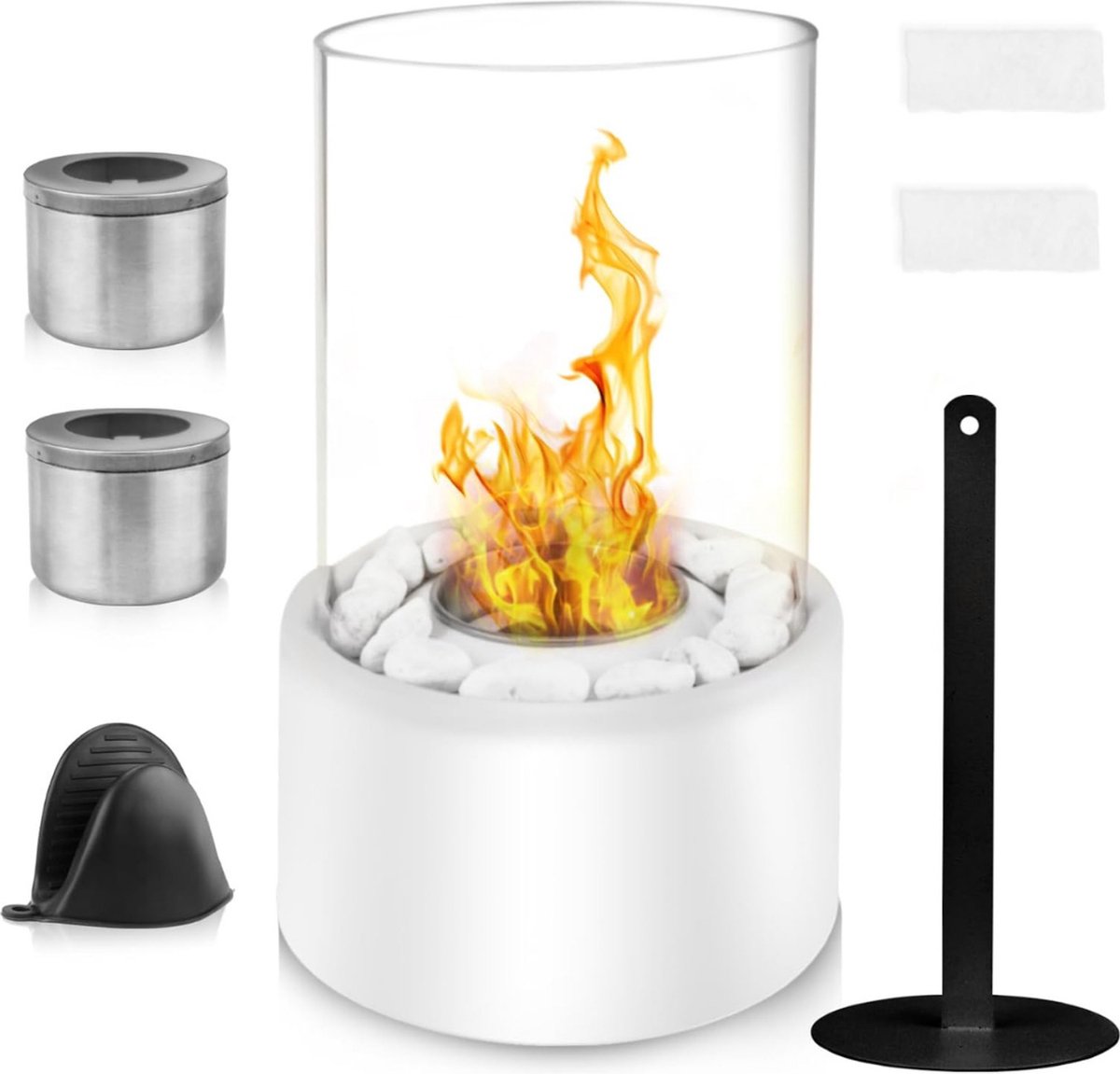Table Fireplace - Outdoor and Indoor - Infinite Burning Time - Bioethanol Fireplace - Bio-Ethanol Table Fireplace - 2 Combustion Chambers - Safety Glass - White