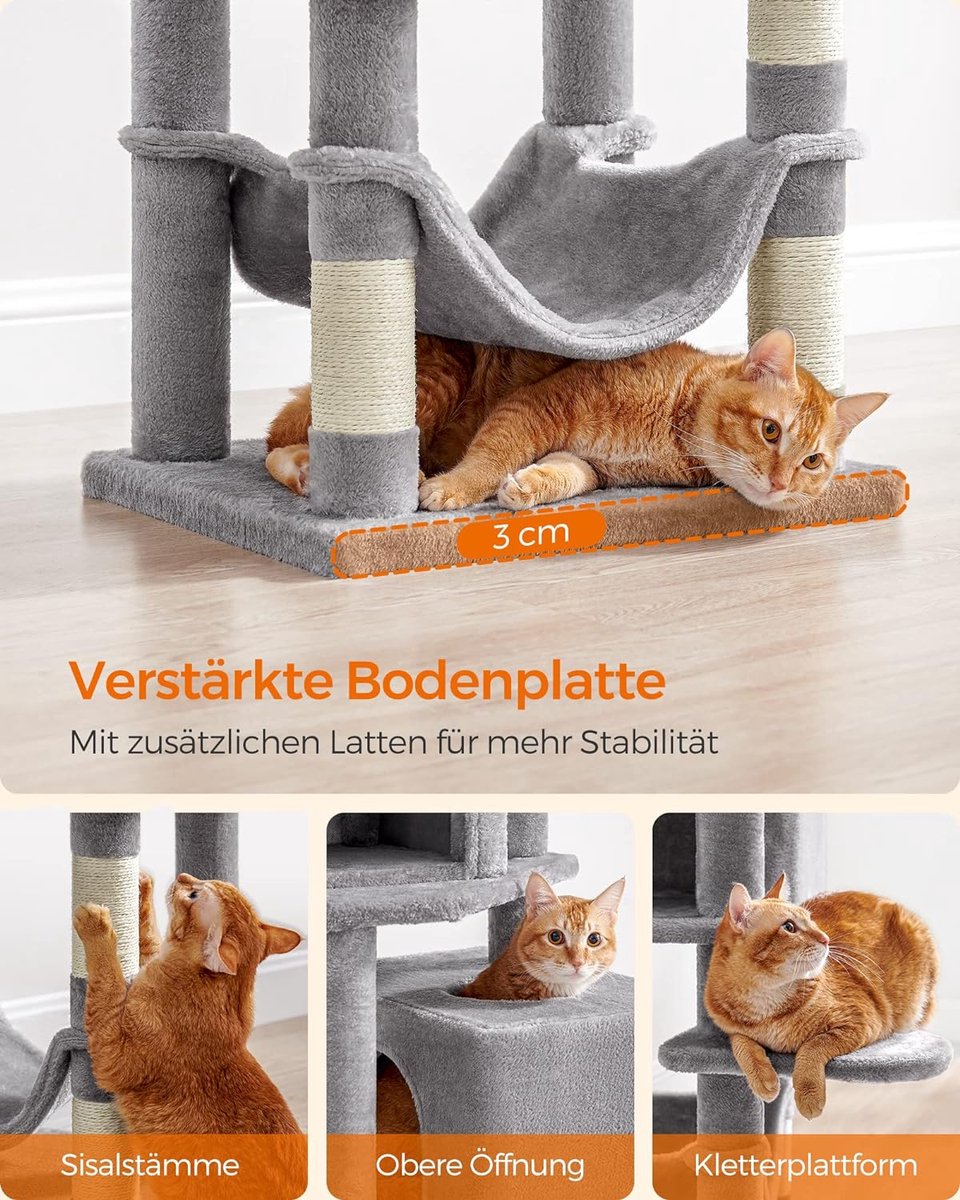 Feandrea Scratching Post, 155 cm High, Cat Tree with 5 Crab Columns, 2 Platforms, 2 Cat Caves, Hammock, 2 Plush Balls, Plush, Multi-storey Design, Light Grey PCT192W01