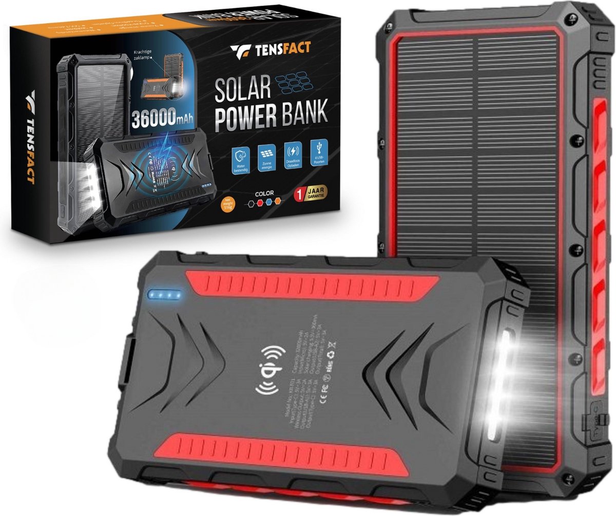 Tensfact® Solar Powerbank 36000 mAh Wireless Charger - Powerbank Zonneenergie - Snellader Iphone Samsung - USB & USB-C - Rood