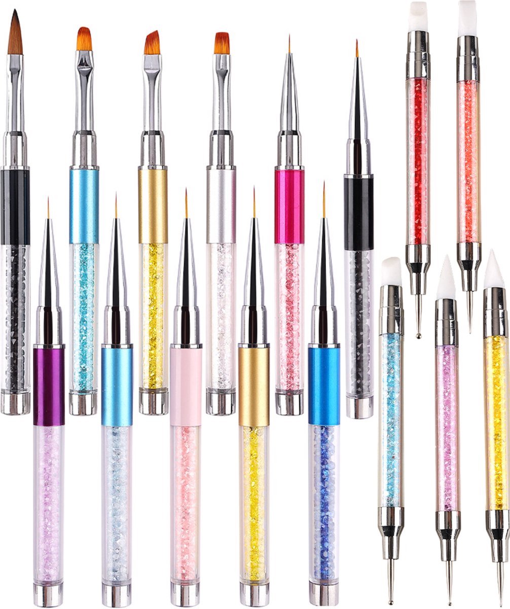 Goedkoopste YUBBI 16 delige Nail Art Penselen Set - Nagellak Acryl Penselen - Fineliner Penseel - Dotting Tools - Siliconen Nail Art Penselen