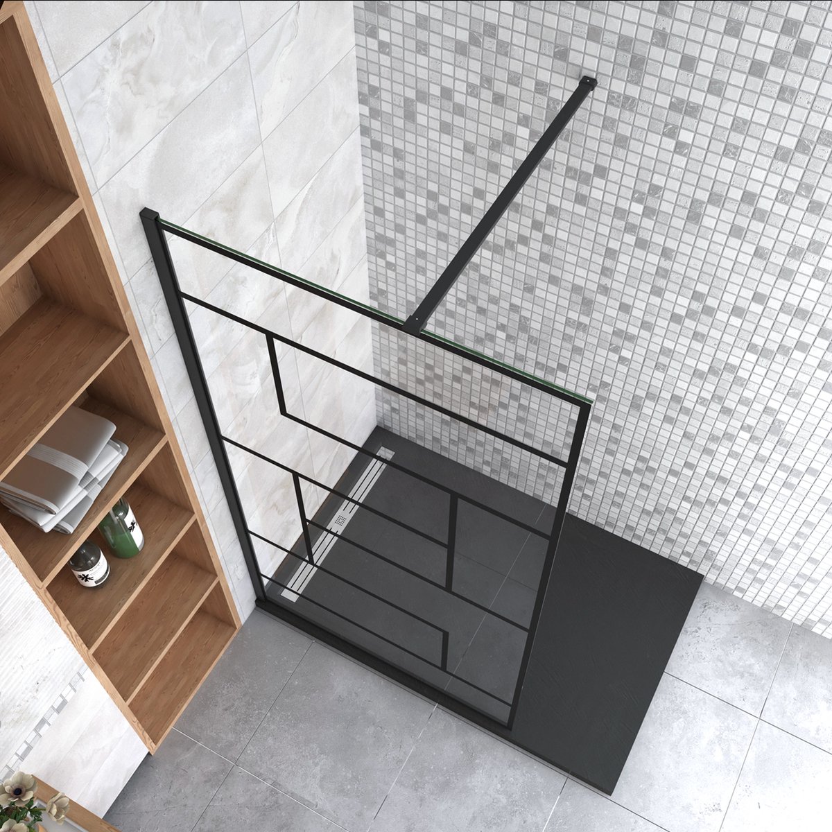 Inloopdouche 140x200cm met zwart decor,8mm Nano EasyClean veiligheidsglas + N-vorm: 90 cm Stabilisatiestang