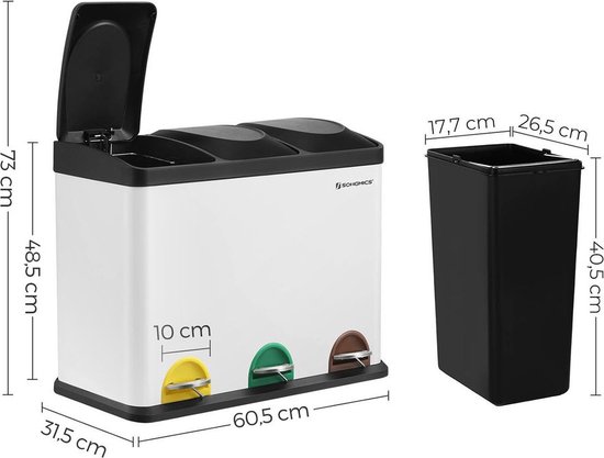 PTMS Prullenbak 3 Vakken Met Deksel - Afvalscheidingssysteem Voor Papier Glas En Plastic Milieuvriendelijke Recycling Orga Aanbieding 42911227