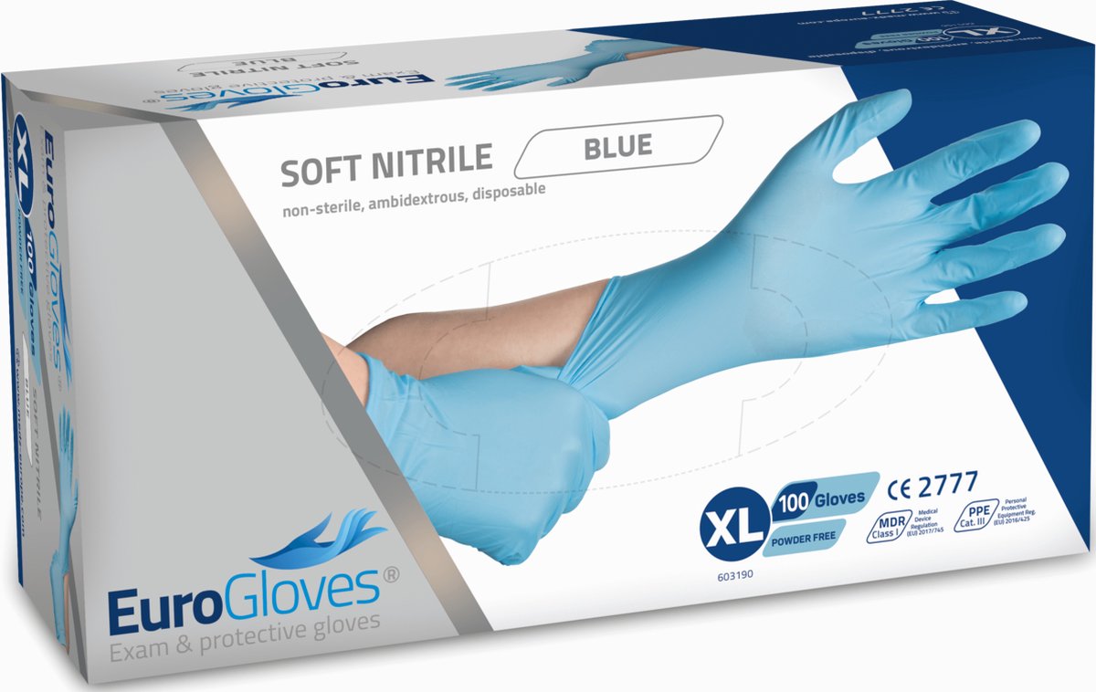 Goedkoopste Voordeelverpakking handschoenen 2 x Eurogloves soft-nitrile poedervrij blauw - XL 100 stuks
