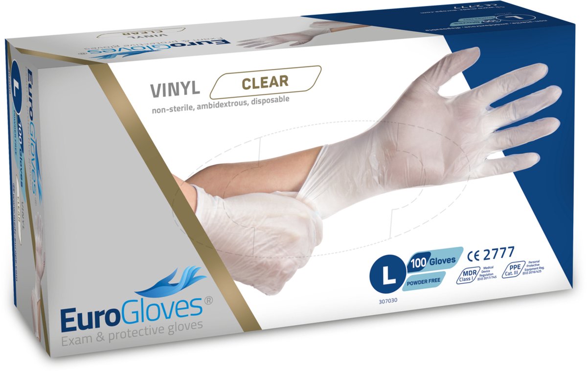 Goedkoopste Voordeelverpakking handschoenen 5 x Eurogloves vinyl poedervrij transparant - Large 100 stuks