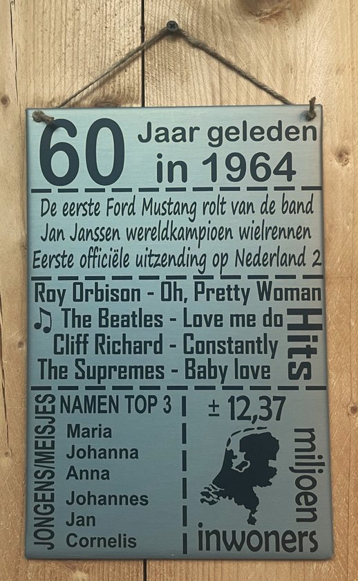 Zinken tekstbord 60 jaar geleden in 1964 - grijs - 20x30 cm. - verjaardag - jubileum