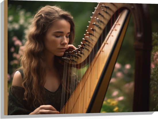Hout - Vrouw - Muziek - Harp - Instrument - Bloemen - 80x60 cm - 9 mm dik - Foto op Hout (Met Ophangsysteem)