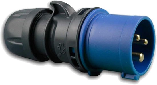 Blauwe CEE-stekker met zwarte behuizing en drie messing pinnen.