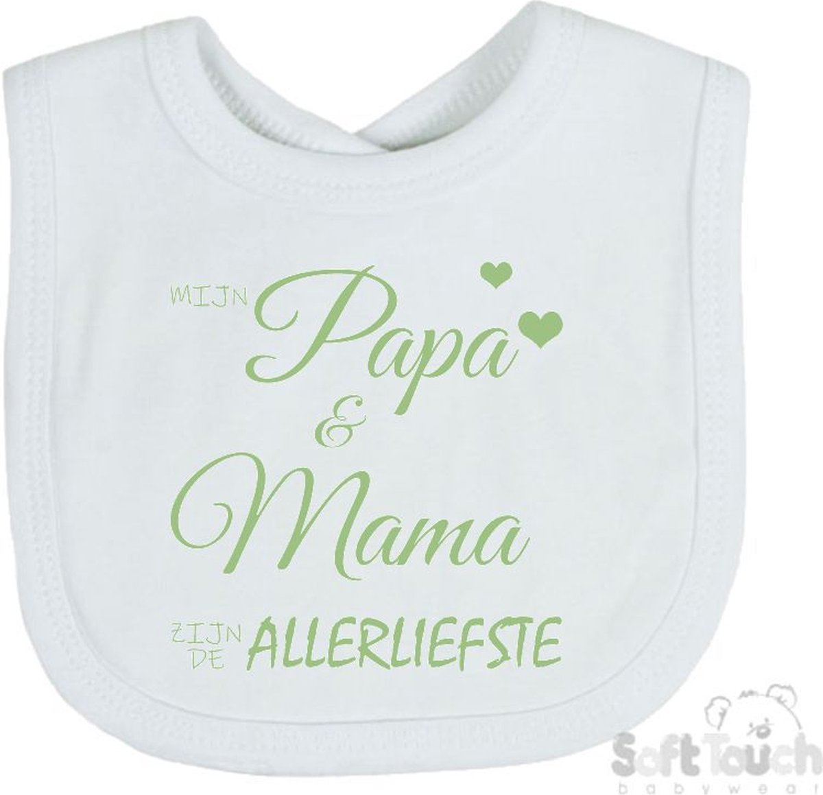 Goedkoopste Soft Touch Slabber Slabbetje Slab Mijn papa & mama zijn de allerliefste Unisex Katoen Wit/sage green (saliegroen) Maat 33x22 Cm