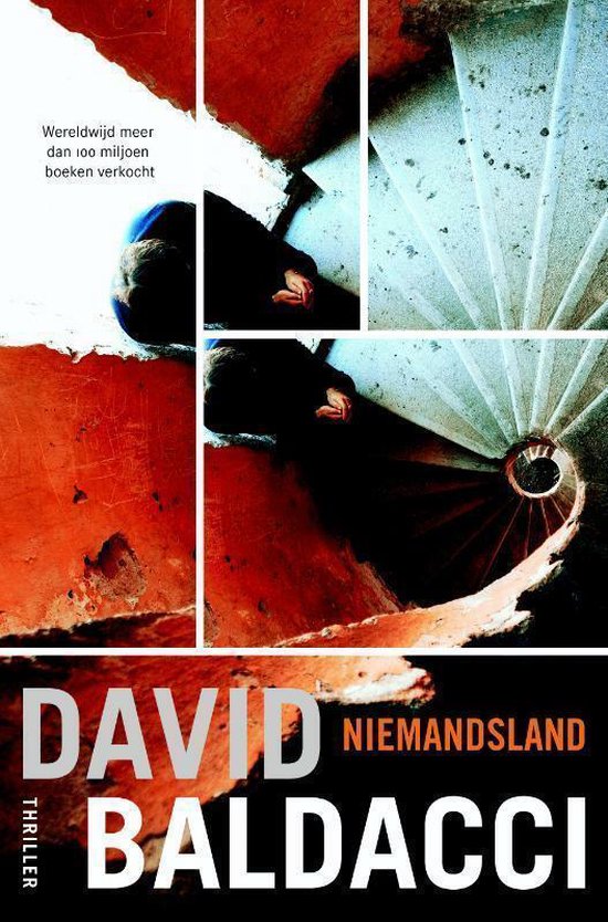 Livre "Niemandsland" de David Baldacci. Un homme en costume sombre, allongé sur un escalier. Plus de 100 millions de livres vendus dans le monde.