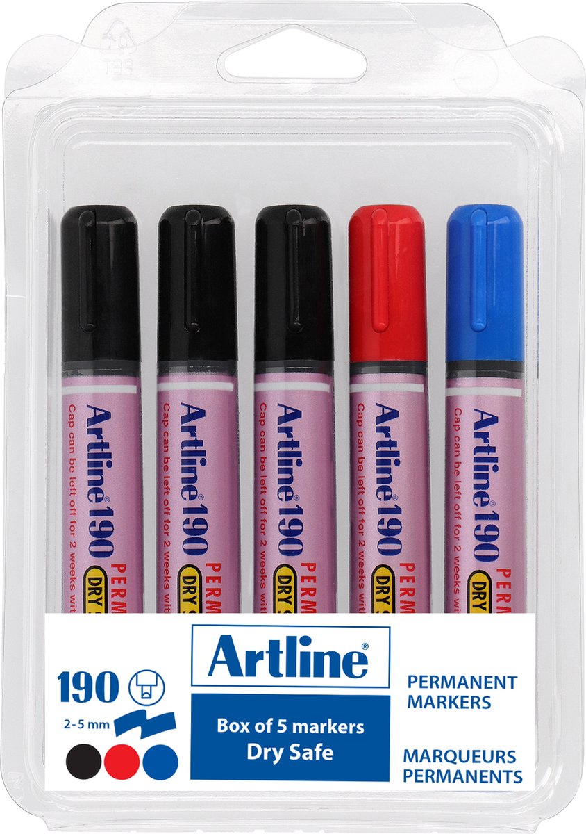 ARTLINE Drysafe 190 Markers Kit - 5 Stiks - 2-5mm Lijndikte - Verschillende kleuren