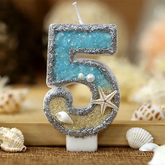 DW4Trading Bougie D'anniversaire 5 Bleue avec Étoile de Mer - Bougie Numéro - Décoration de Gâteau