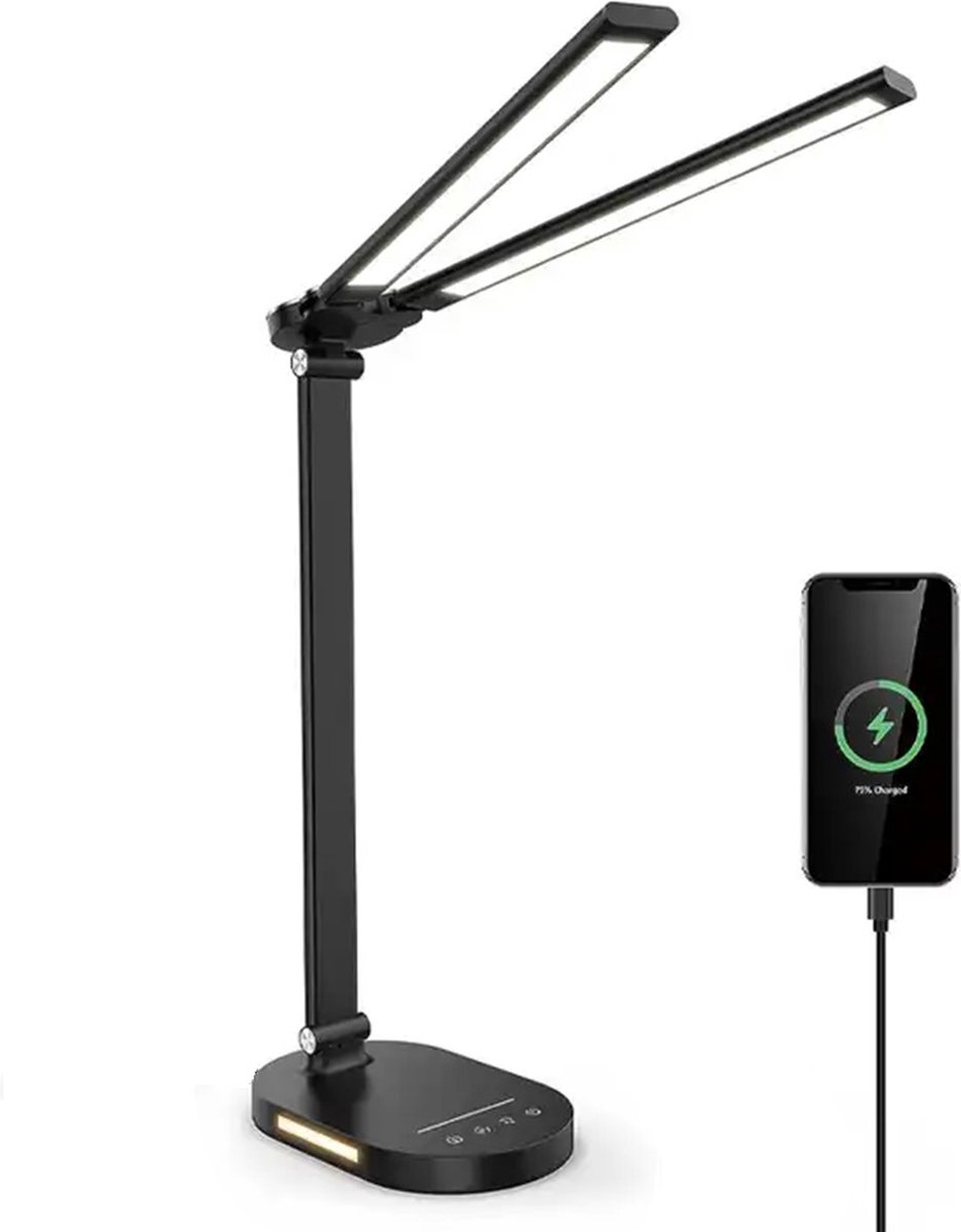 Lampen District ® - Bureaulamp LED - Model 2024 - Tafellamp zwart - Dimbare LED - 5 kleurmodes 5 helderheidsniveaus - USB