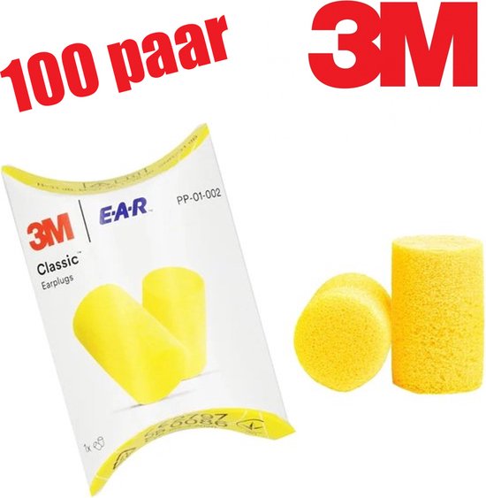 100 paar 3M Classic oordopjes, geel. Verpakking en twee losse oordopjes.