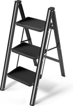 Ladder 3 treden inklapbaar, trapladder met breed anti-slip pedaal, opstapkruk met 150 kg capaciteit, zwart. Vertaling: Inklapbare ladder met 3 treden, trapladder met breed anti-slip pedaal, opstapkruk met een capaciteit van 150 kg, zwart.